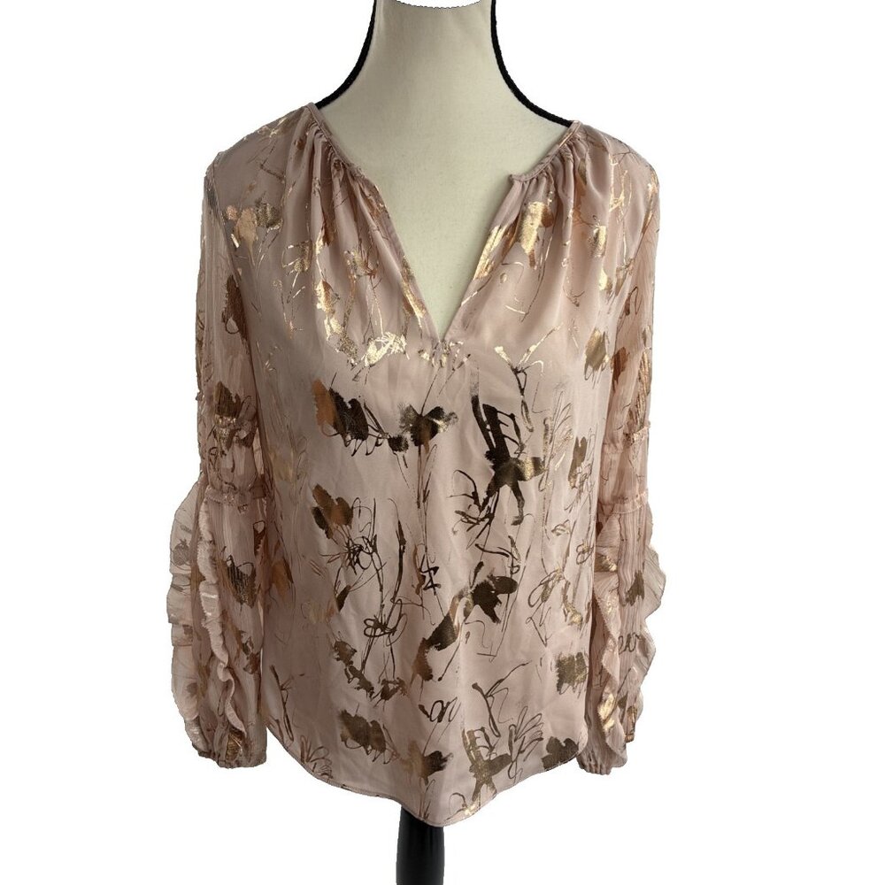 Worthington Womens Floral Blouse Long Sleeve V Neck Metallic Semi Sheer Size XS